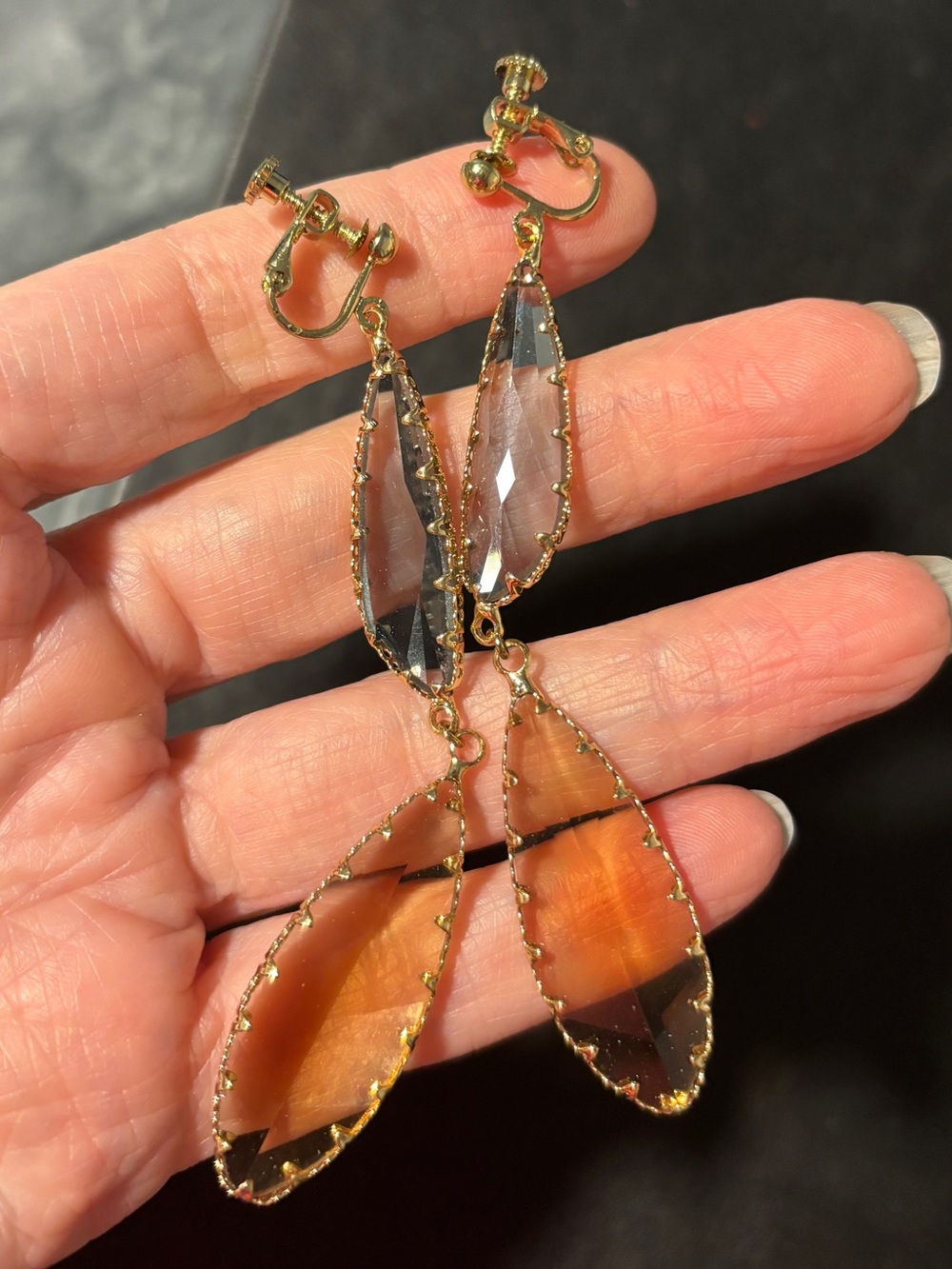 Cut Glass Gold-Tone Amber & Smoky Crystal Drop Clip-On Earrings